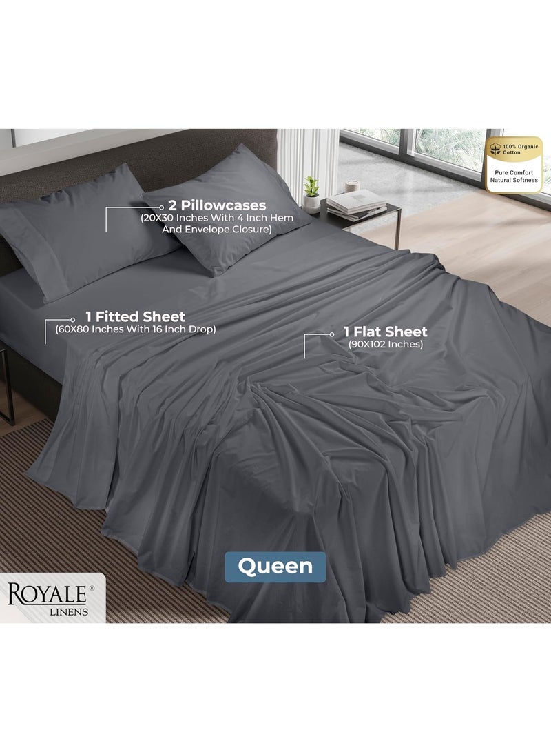 ROYALE LINENS طقم شراشف كوين من القطن العضوي 100% - نسج بيركال - 4 قطع - 1 شريحة مسطحة، 1 شريحة مفصلة بجيب عميق و2 غطاء وسادة - شراشف سرير رمادية كوين - باردة ومنعشة (رمادي) - Image 2